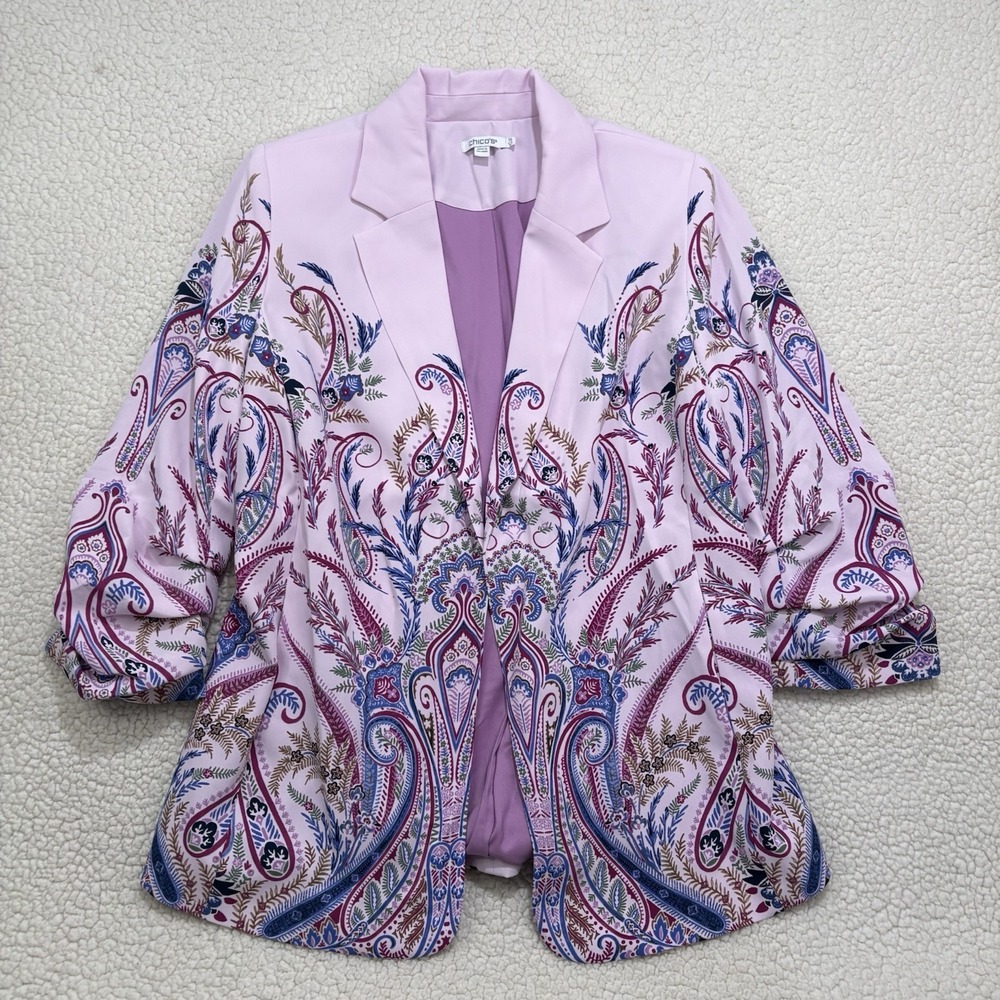 Chicos Blazer 1.5 Size 10 Jacket Purple 3/4 Sleeves Floral Paisley Office Career